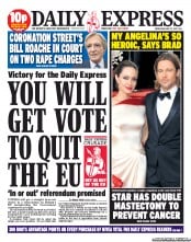 Daily Express () Newspaper Front Page for 15 May 2013