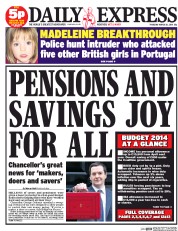 Daily Express () Newspaper Front Page for 20 March 2014