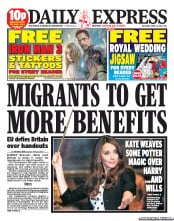 Daily Express Sunday () Newspaper Front Page for 27 April 2013