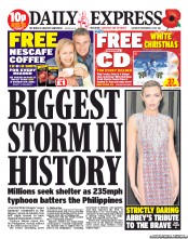 Daily Express Sunday () Newspaper Front Page for 9 November 2013