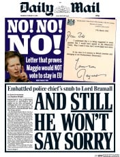 Daily Mail () Newspaper Front Page for 11 February 2016