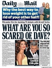 Daily Mail () Newspaper Front Page for 13 May 2016
