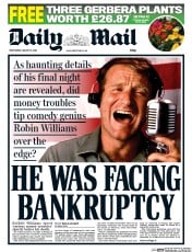 Daily Mail () Newspaper Front Page for 13 August 2014