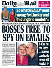 Daily Mail () Newspaper Front Page for 14 January 2016