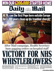 Daily Mail () Newspaper Front Page for 14 March 2013
