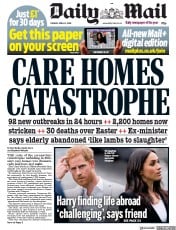 Daily Mail () Newspaper Front Page for 14 April 2020