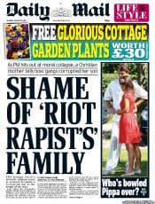 Daily Mail () Newspaper Front Page for 15 August 2011