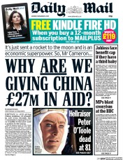 Daily Mail () Newspaper Front Page for 16 December 2013