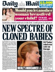 Daily Mail () Newspaper Front Page for 16 May 2013