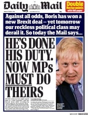 Daily Mail () Newspaper Front Page for 18 October 2019