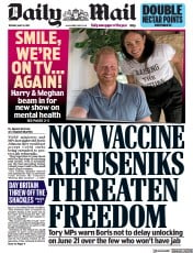 Daily Mail () Newspaper Front Page for 18 May 2021