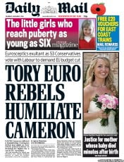 Daily Mail () Newspaper Front Page for 1 November 2012