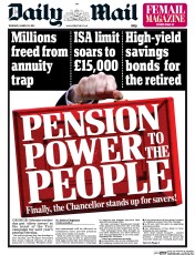 Daily Mail () Newspaper Front Page for 20 March 2014