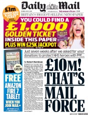 Daily Mail () Newspaper Front Page for 20 June 2020