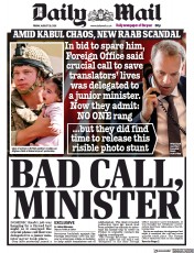 Daily Mail () Newspaper Front Page for 20 August 2021