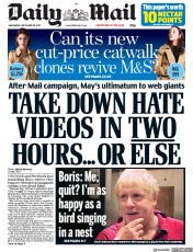 Daily Mail () Newspaper Front Page for 20 September 2017
