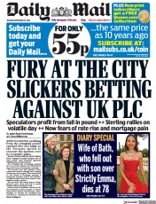 Daily Mail () Newspaper Front Page for 27 September 2022