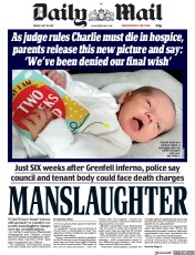Daily Mail () Newspaper Front Page for 28 July 2017
