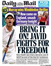 Daily Mail () Newspaper Front Page for 29 June 2021