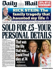 Daily Mail () Newspaper Front Page for 2 September 2013