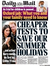 Daily Mail () Newspaper Front Page for 7 April 2021