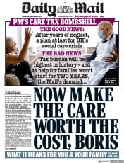 Daily Mail () Newspaper Front Page for 8 September 2021
