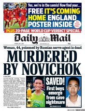 Daily Mail () Newspaper Front Page for 9 July 2018
