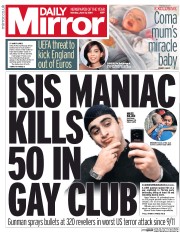 Daily Mirror () Newspaper Front Page for 13 June 2016
