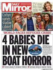Daily Mirror () Newspaper Front Page for 14 September 2015