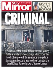Daily Mirror () Newspaper Front Page for 16 June 2017