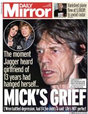Daily Mirror () Newspaper Front Page for 18 March 2014