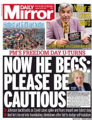 Daily Mirror () Newspaper Front Page for 19 July 2021