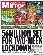 Daily Mirror () Newspaper Front Page for 19 September 2020