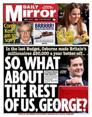 Daily Mirror () Newspaper Front Page for 20 March 2013