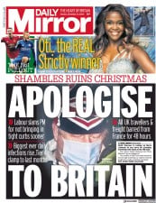 Daily Mirror () Newspaper Front Page for 21 December 2020