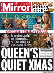 Daily Mirror () Newspaper Front Page for 21 December 2021