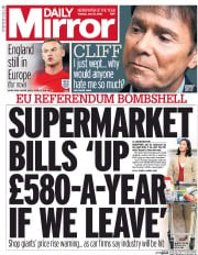Daily Mirror () Newspaper Front Page for 21 June 2016