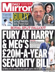 Daily Mirror () Newspaper Front Page for 25 February 2020