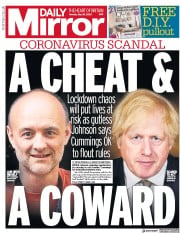 Daily Mirror () Newspaper Front Page for 25 May 2020