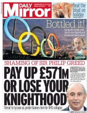 Daily Mirror () Newspaper Front Page for 25 July 2016