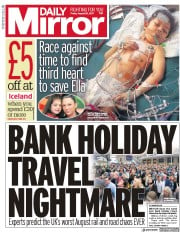 Daily Mirror () Newspaper Front Page for 25 August 2017