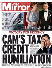 Daily Mirror () Newspaper Front Page for 27 October 2015