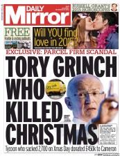 Daily Mirror () Newspaper Front Page for 27 December 2014