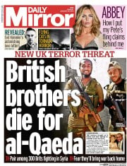 Daily Mirror () Newspaper Front Page for 27 January 2014