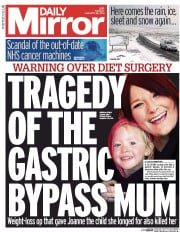 Daily Mirror () Newspaper Front Page for 28 January 2014