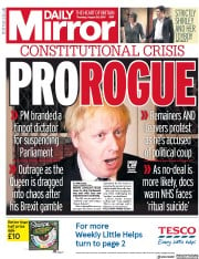 Daily Mirror () Newspaper Front Page for 29 August 2019