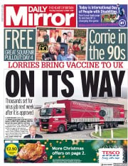 Daily Mirror () Newspaper Front Page for 3 December 2020