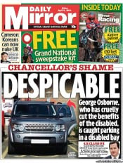 Daily Mirror () Newspaper Front Page for 5 April 2013