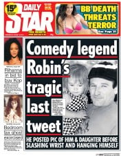 Daily Star () Newspaper Front Page for 13 August 2014