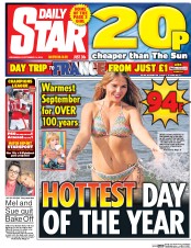 Daily Star () Newspaper Front Page for 14 September 2016